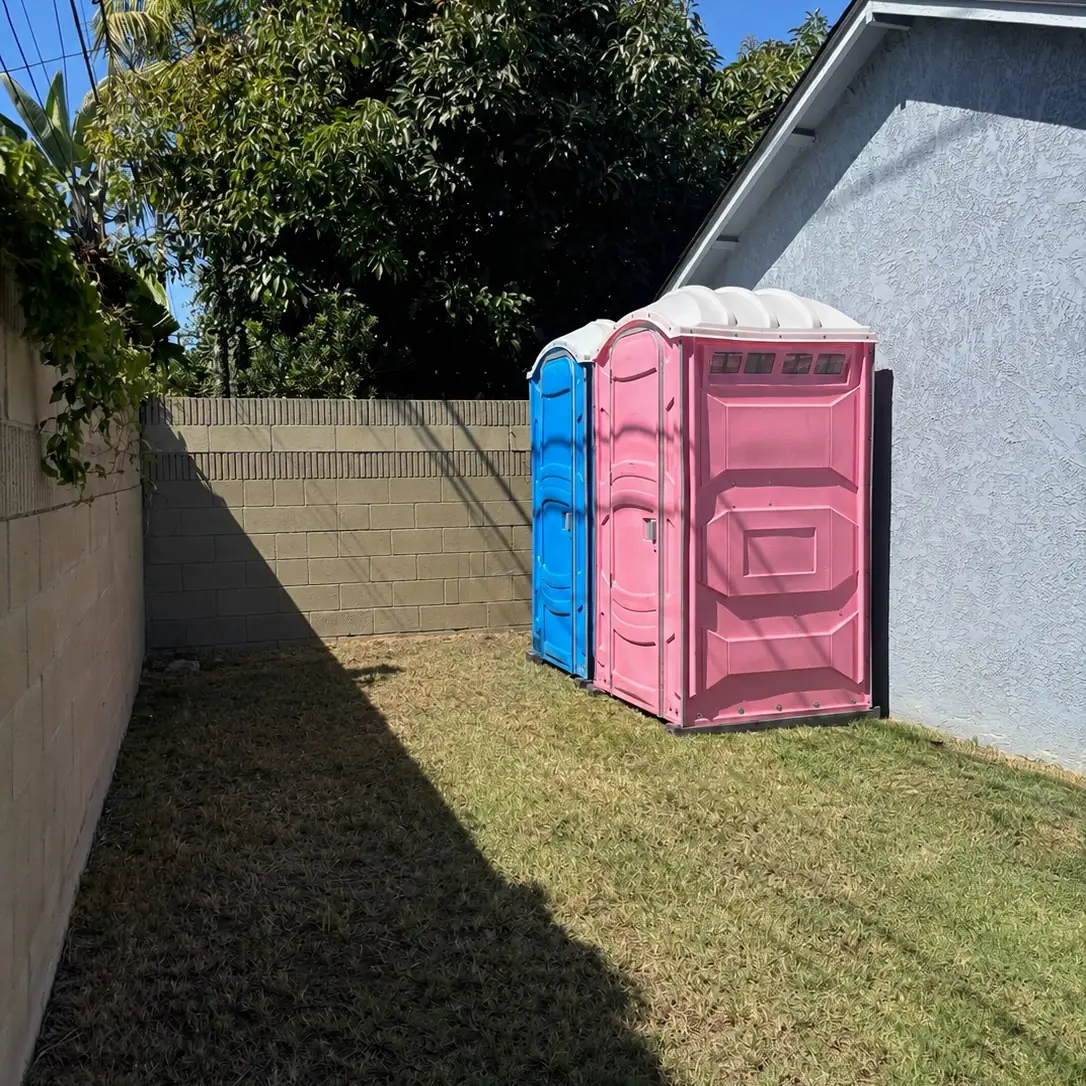 A pink and a blue portable toilet set side by side on a backyard lawn