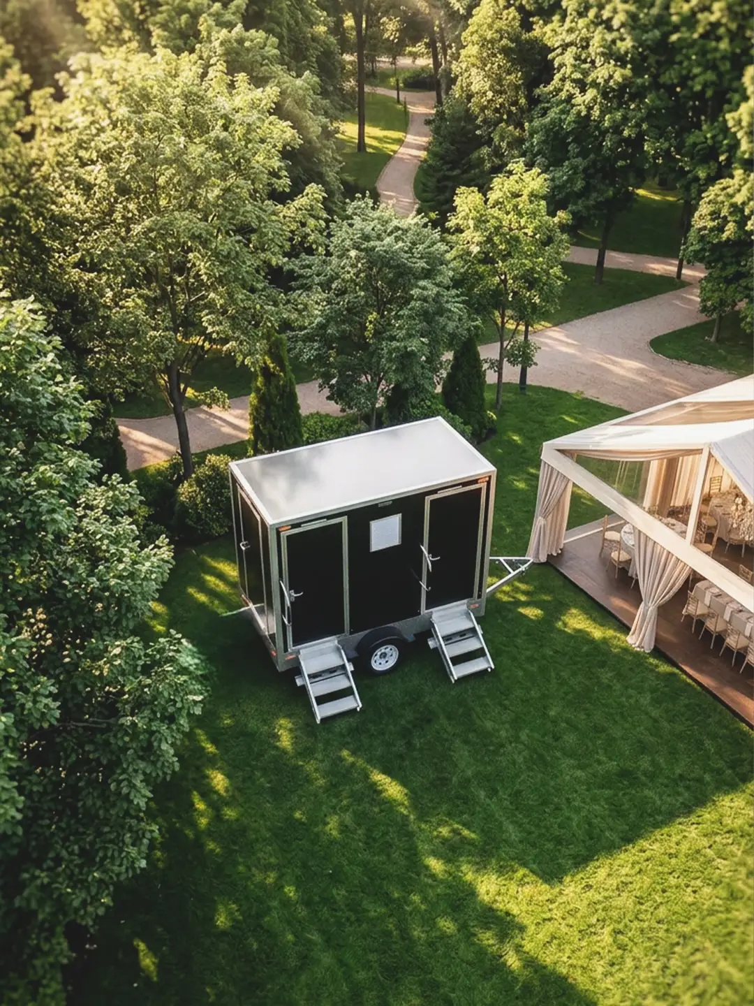 Aerial view of a restroom trailer and event tents in a park